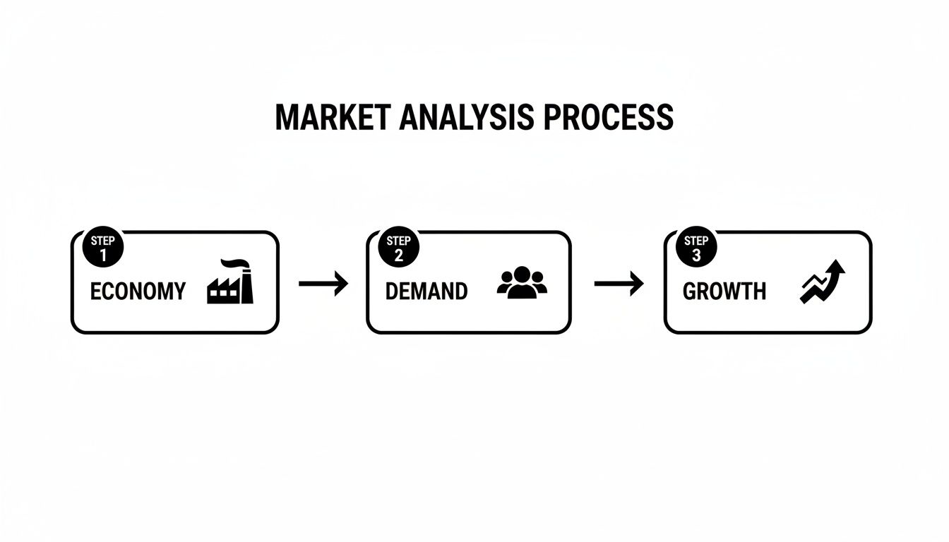 A market analysis process diagram outlining three steps: economy, demand, and growth with icons.
