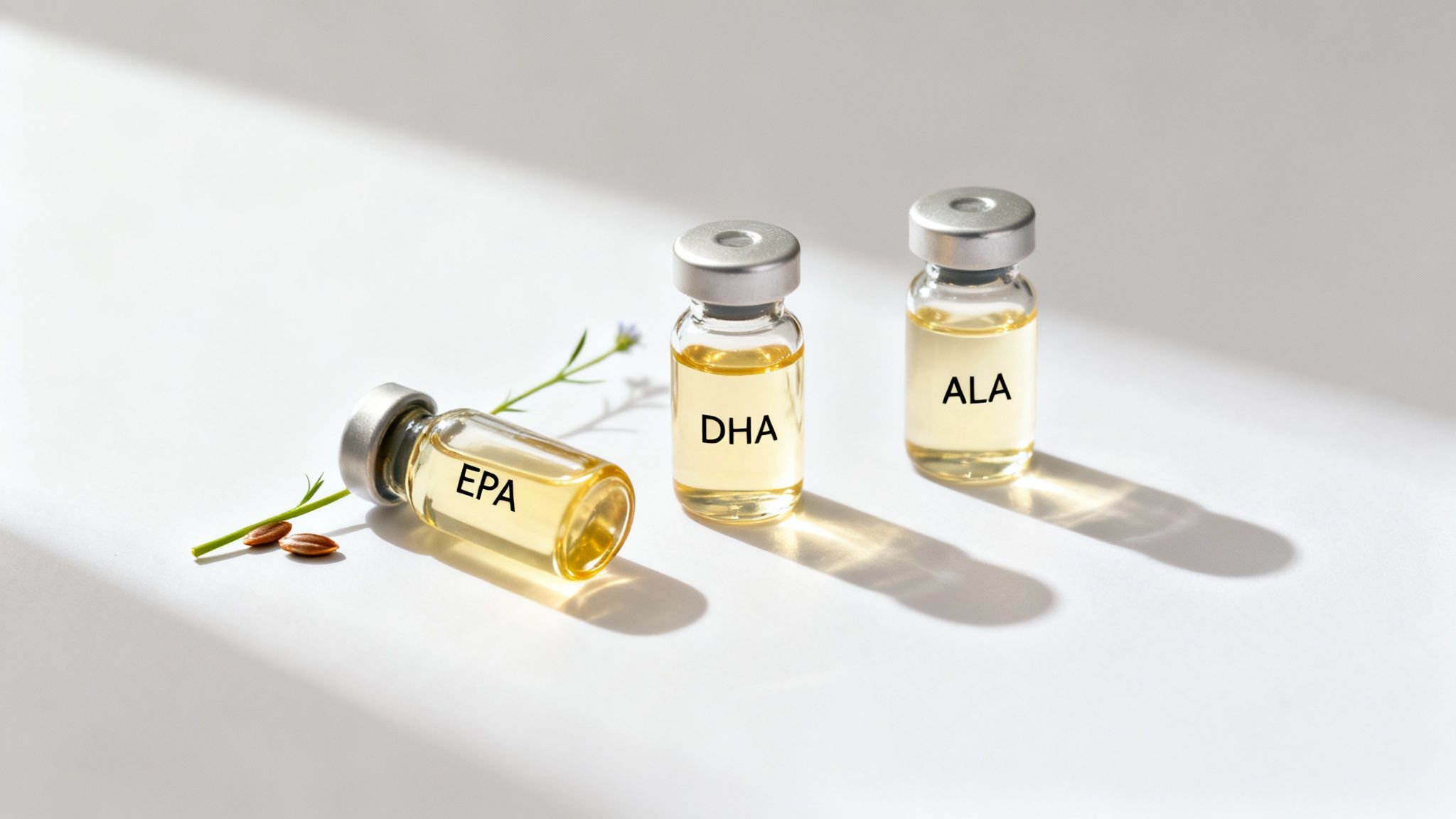 Three glass vials labeled EPA, DHA, and ALA, containing yellow liquid, with flaxseeds and a plant stem.