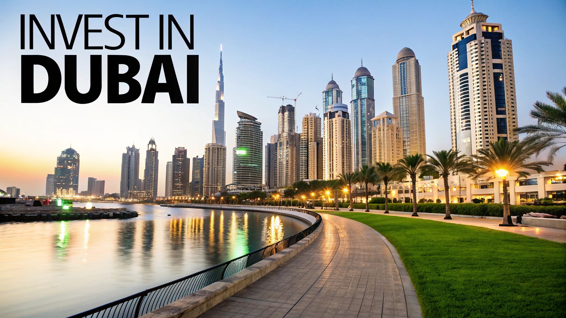 Stunning Dubai cityscape featuring modern skyscrapers, a serene waterfront, and lush palm trees at dusk.