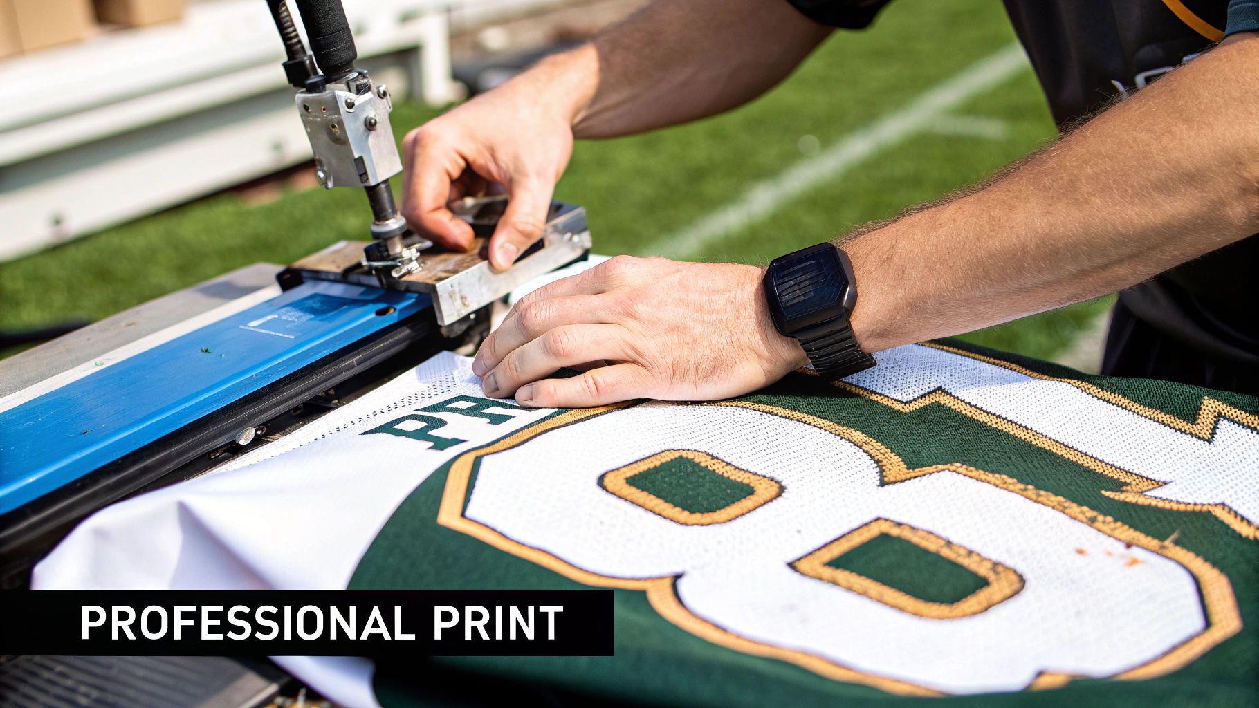 A machine heat-pressing a name and number onto the back of a football shirt.