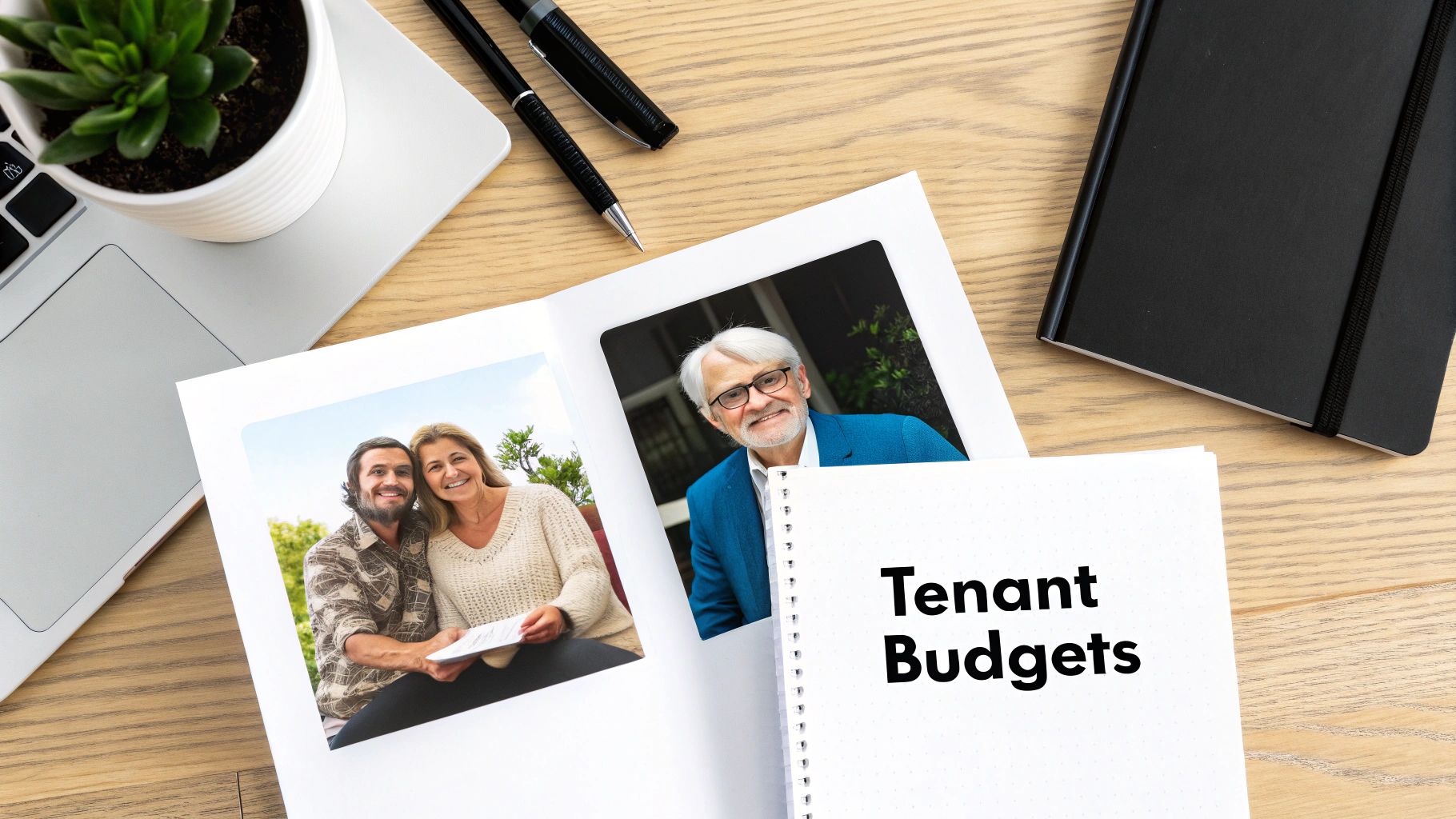 Overhead view of a wooden desk with a laptop, plant, pens, and an open book. A notebook titled 'Tenant Budgets' is also visible.