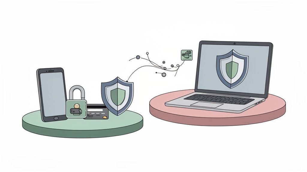 Illustration of secure online data transfer between a mobile phone and a laptop with shield protection.