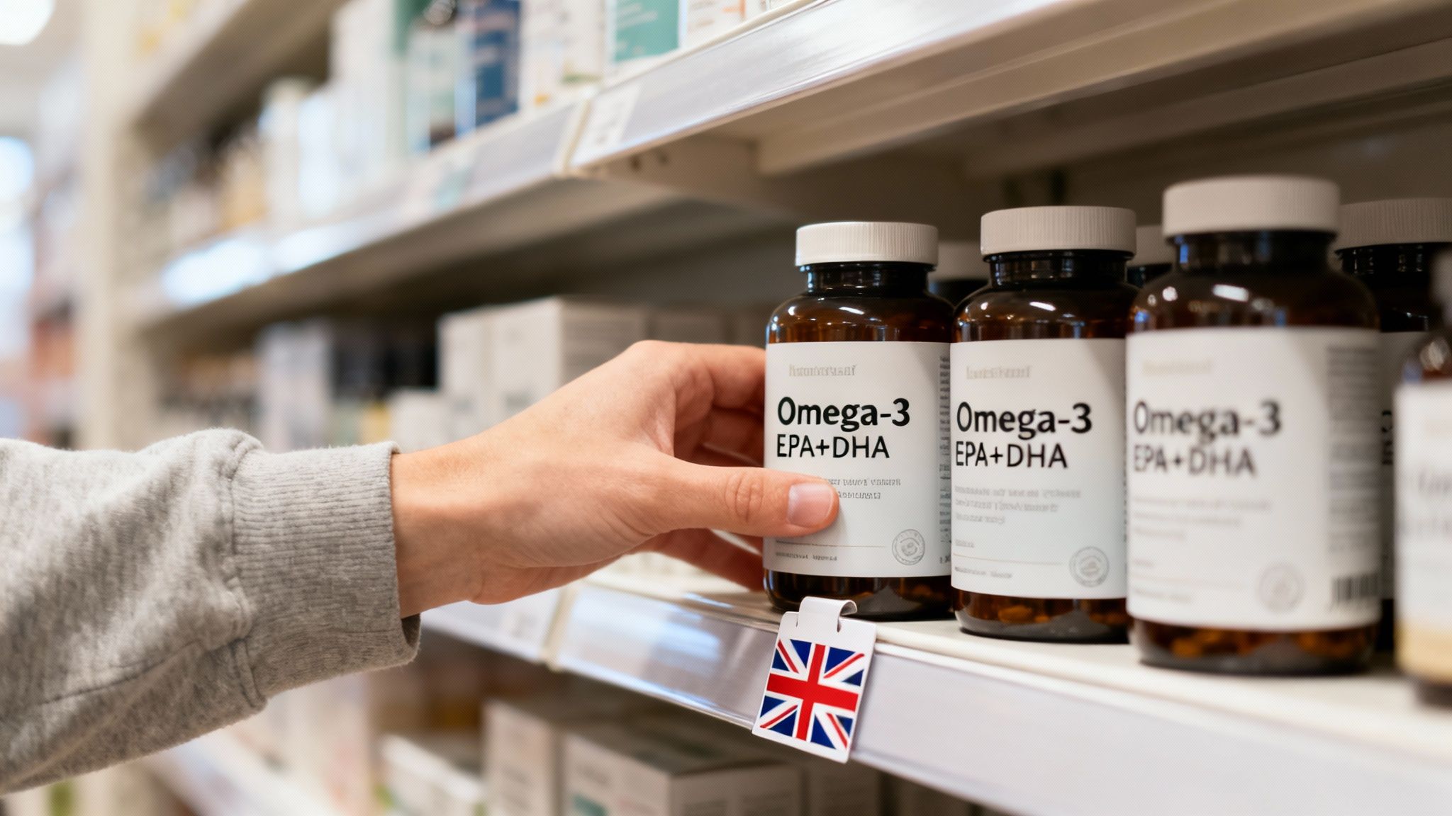 A person's hand picks up an Omega-3 supplement bottle from a store shelf, with a UK flag tag.