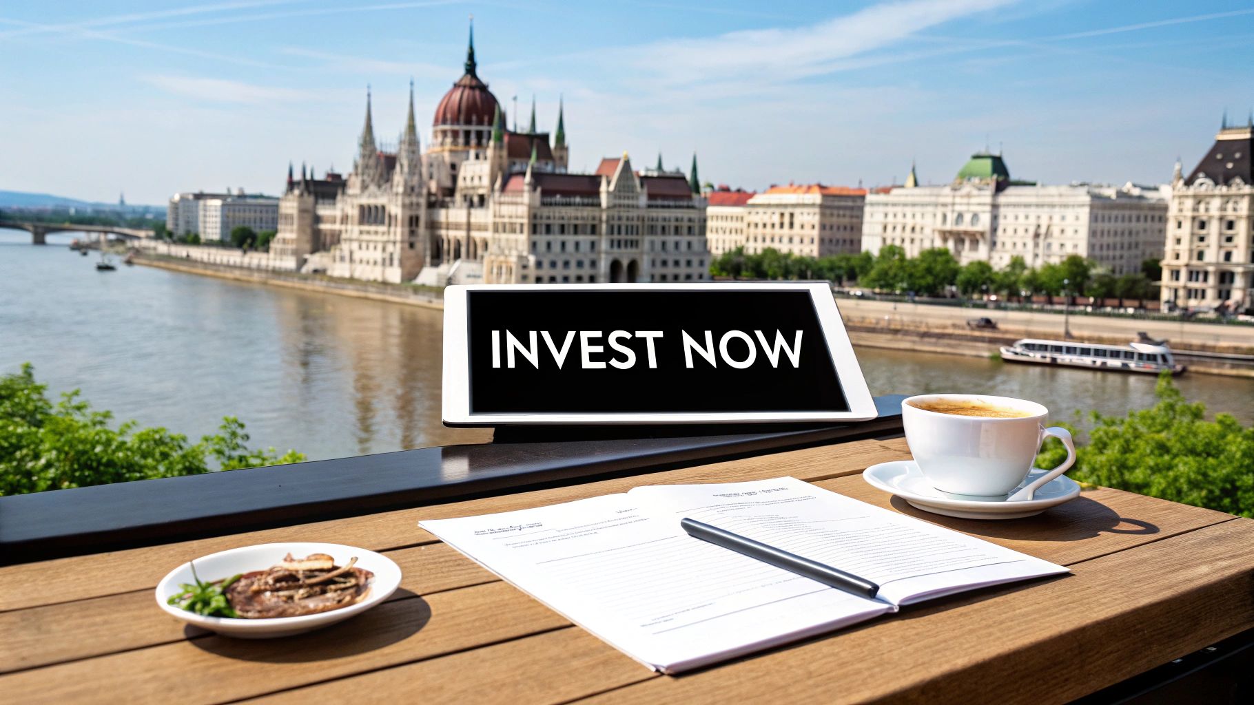 A tablet showing 'INVEST NOW' on a table with coffee and documents, overlooking Budapest Parliament.