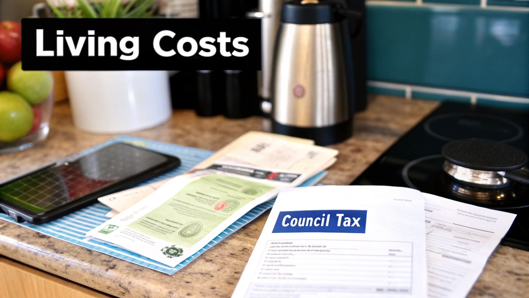 Documents including Council Tax bill, a smartphone, and a kettle on a kitchen counter, symbolizing living costs.