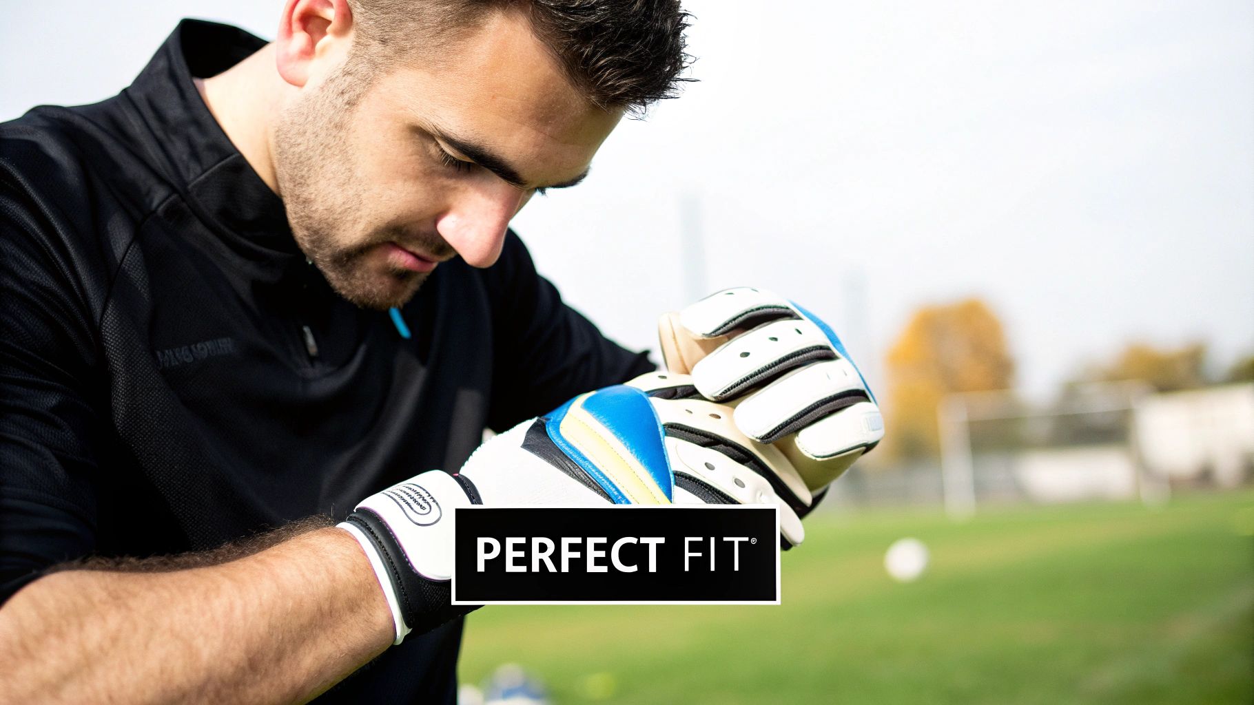 Close-up of a male goalkeeper on a field, adjusting his blue and white gloves for a perfect fit.