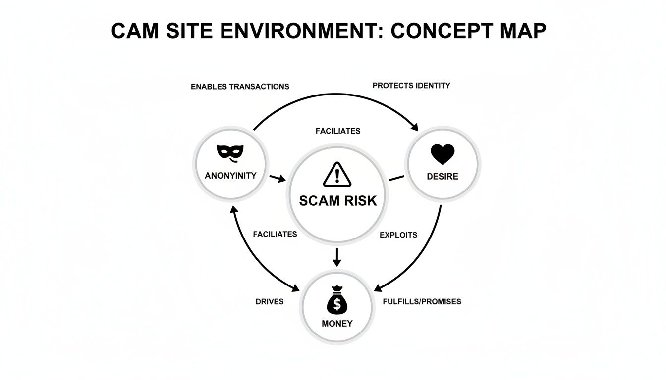 A concept map illustrating the interdependencies of anonymity, desire, and money around scam risk in cam site environments.