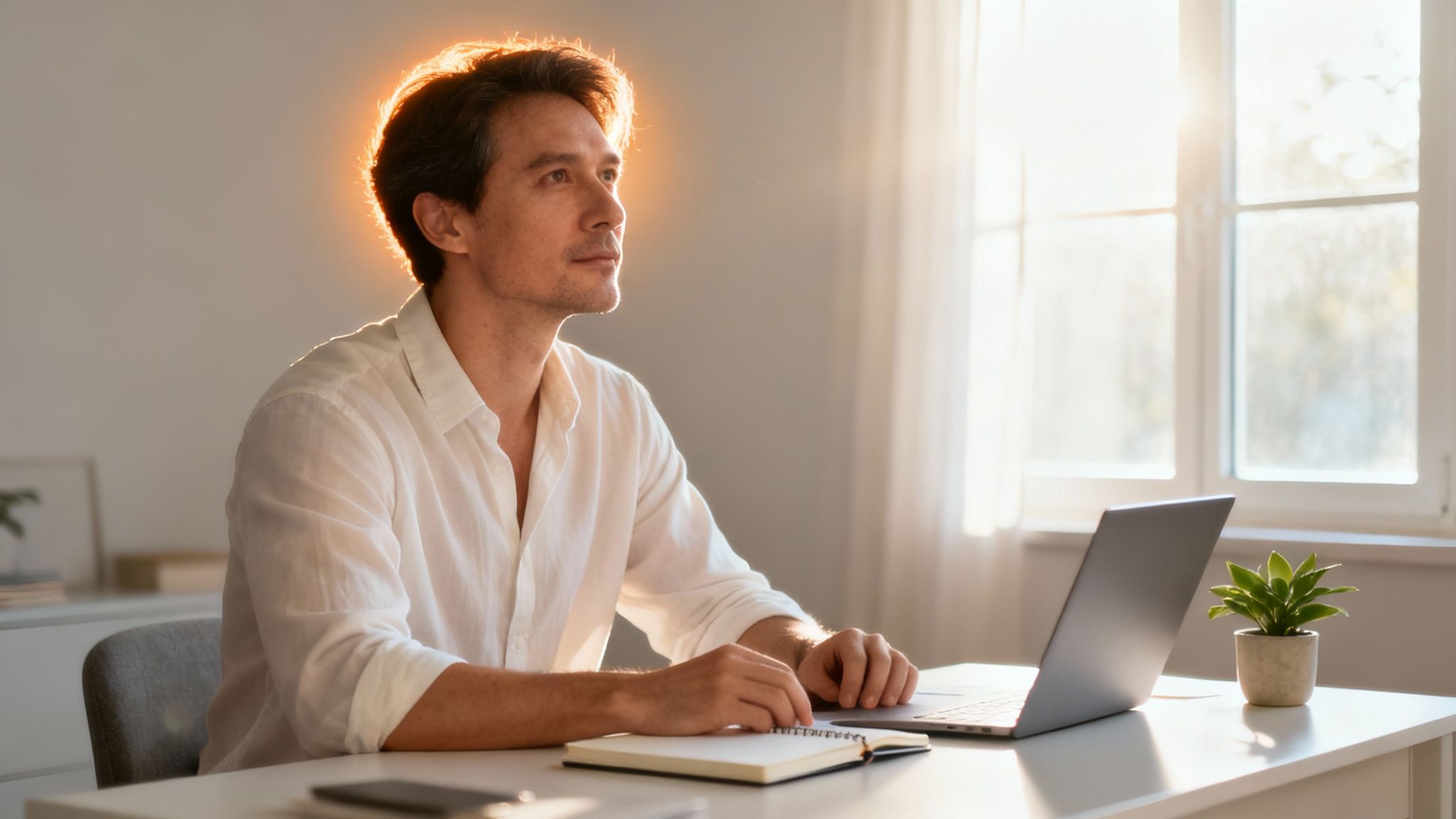 A man sits at a sunlit desk with a laptop and notebook, looking thoughtfully into the distance.