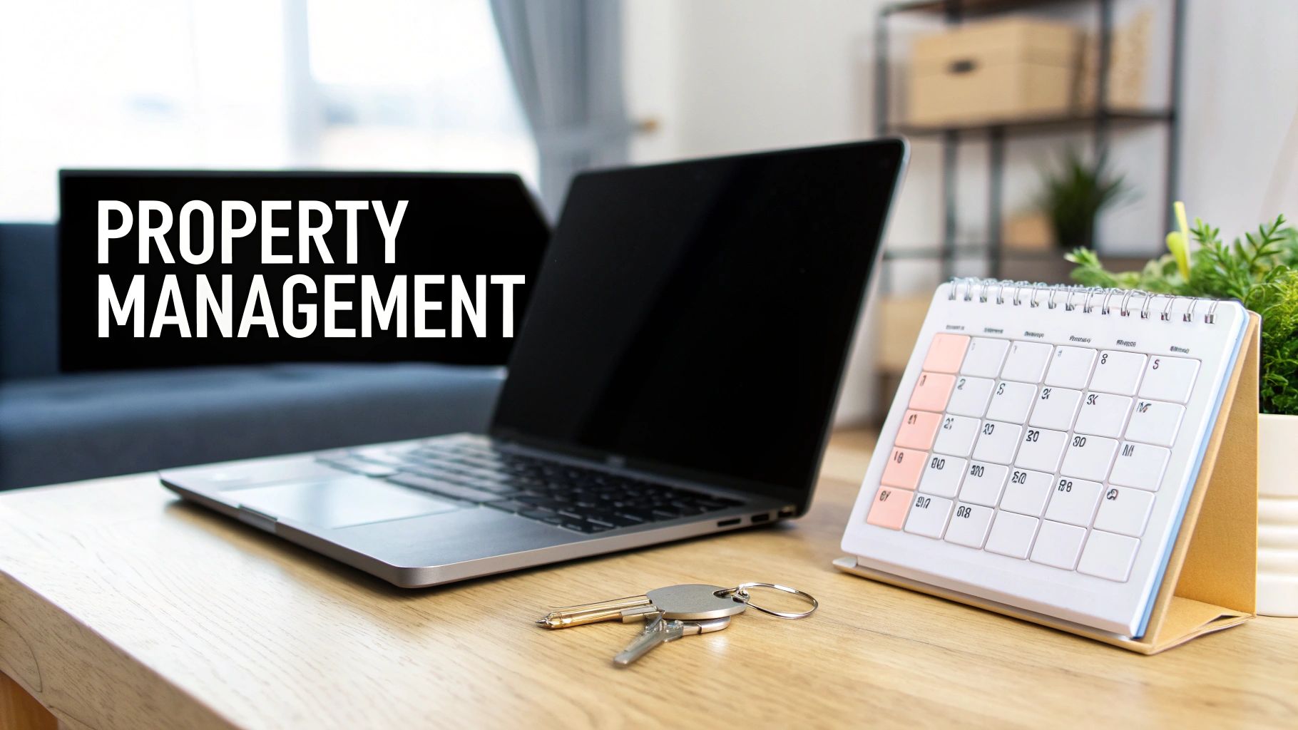 A desk with a laptop, calendar, and keys, along with a 'Property Management' sign.