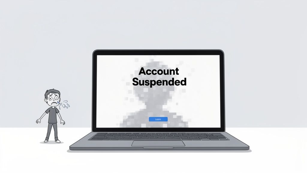 A sad cartoon boy crying next to a laptop displaying 'Account Suspended' on its screen.