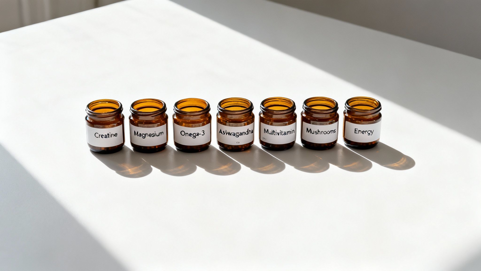 Seven amber jars with supplement labels like Creatine, Magnesium, and Multivitamin on a white surface.