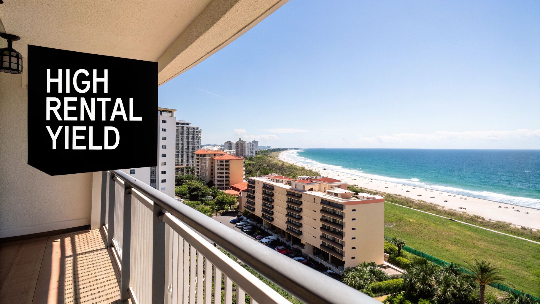 A view from a high-rise balcony, with a sign reading 'HIGH RENTAL YIELD', overlooking a sunny beach, ocean, and coastal buildings.