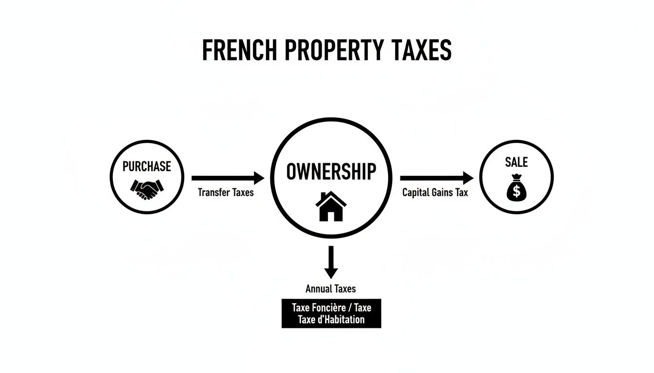 Flowchart detailing French property taxes, including transfer, annual, and capital gains taxes.