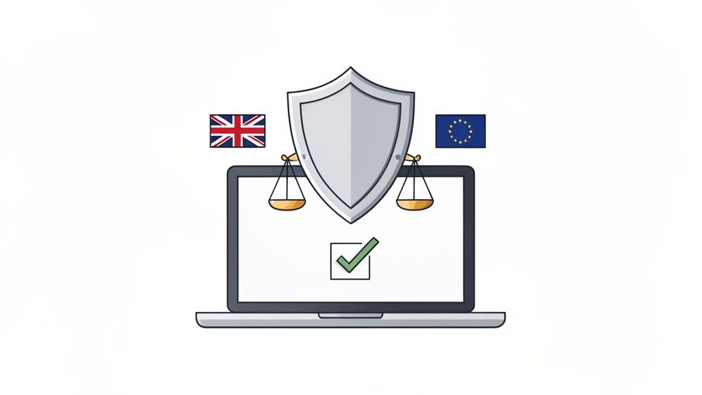 Illustration of online legal compliance and data protection, featuring a laptop, shield, scales, UK, and EU flags.