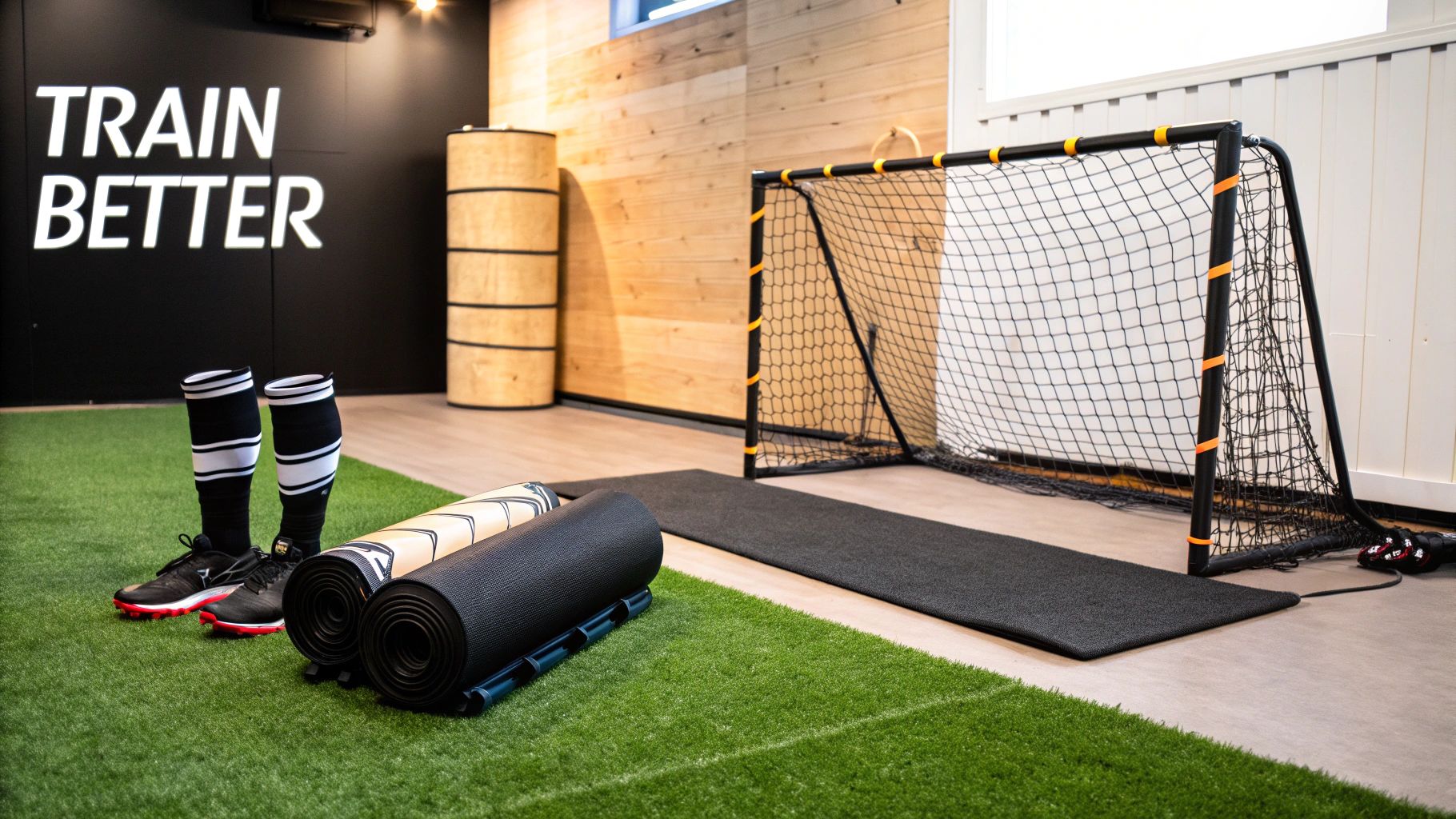 Indoor sports training facility with a soccer goal, cleats, mats, and 'TRAIN BETTER' sign.