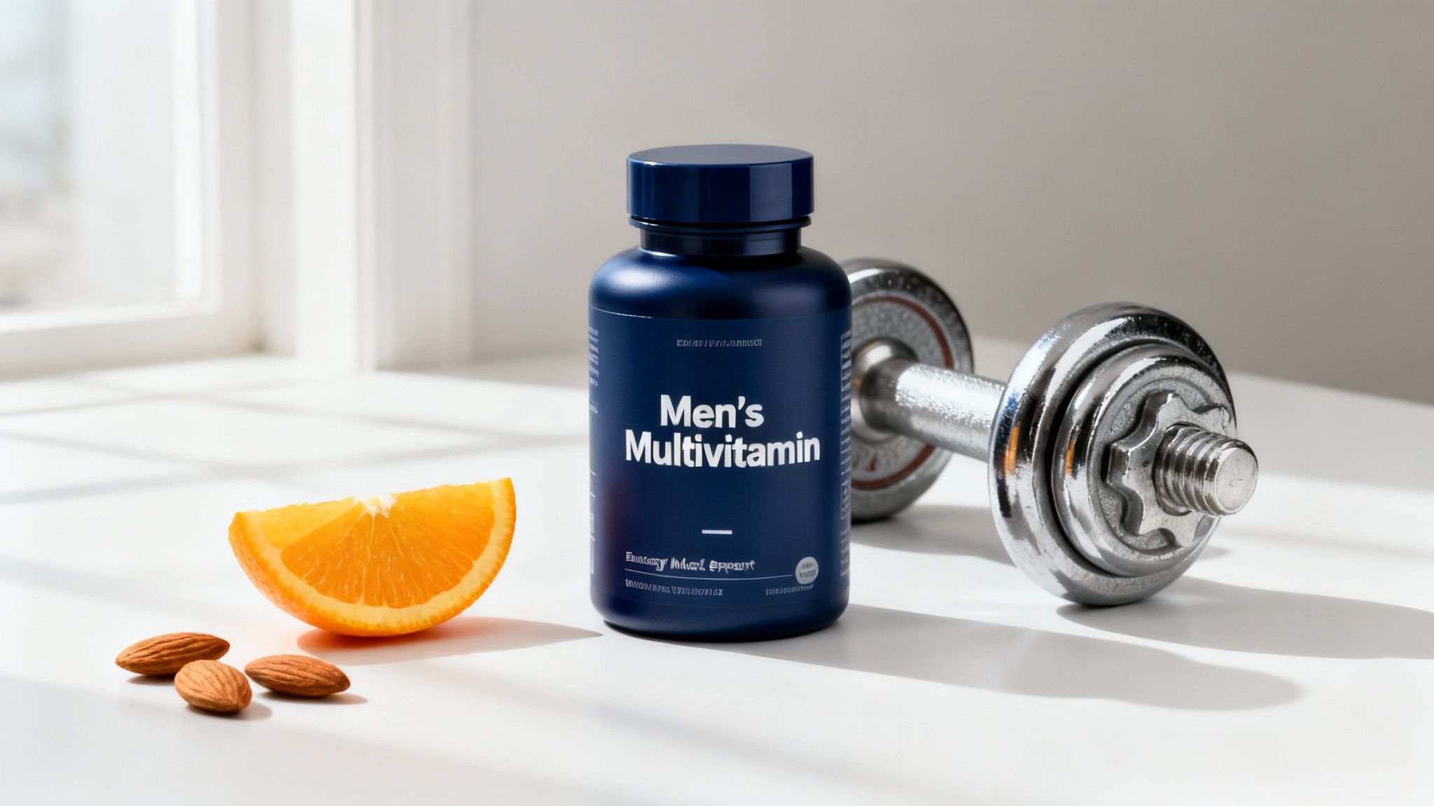 Men's Multivitamin bottle, dumbbell, orange slice, and almonds on a white table near a window.