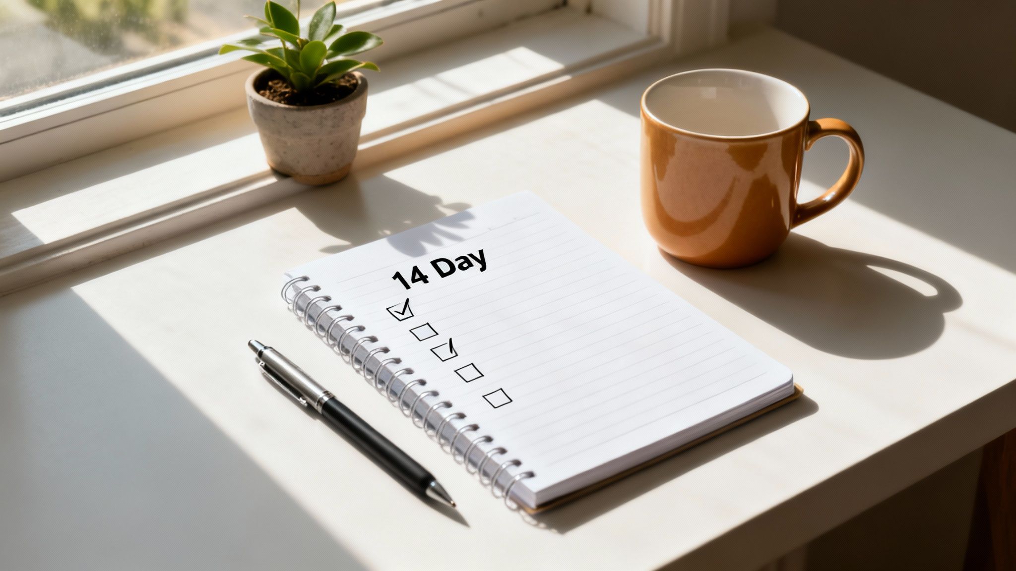 A notebook with a '14 Day' checklist and two items checked, next to a pen, mug, and plant on a sunlit desk.