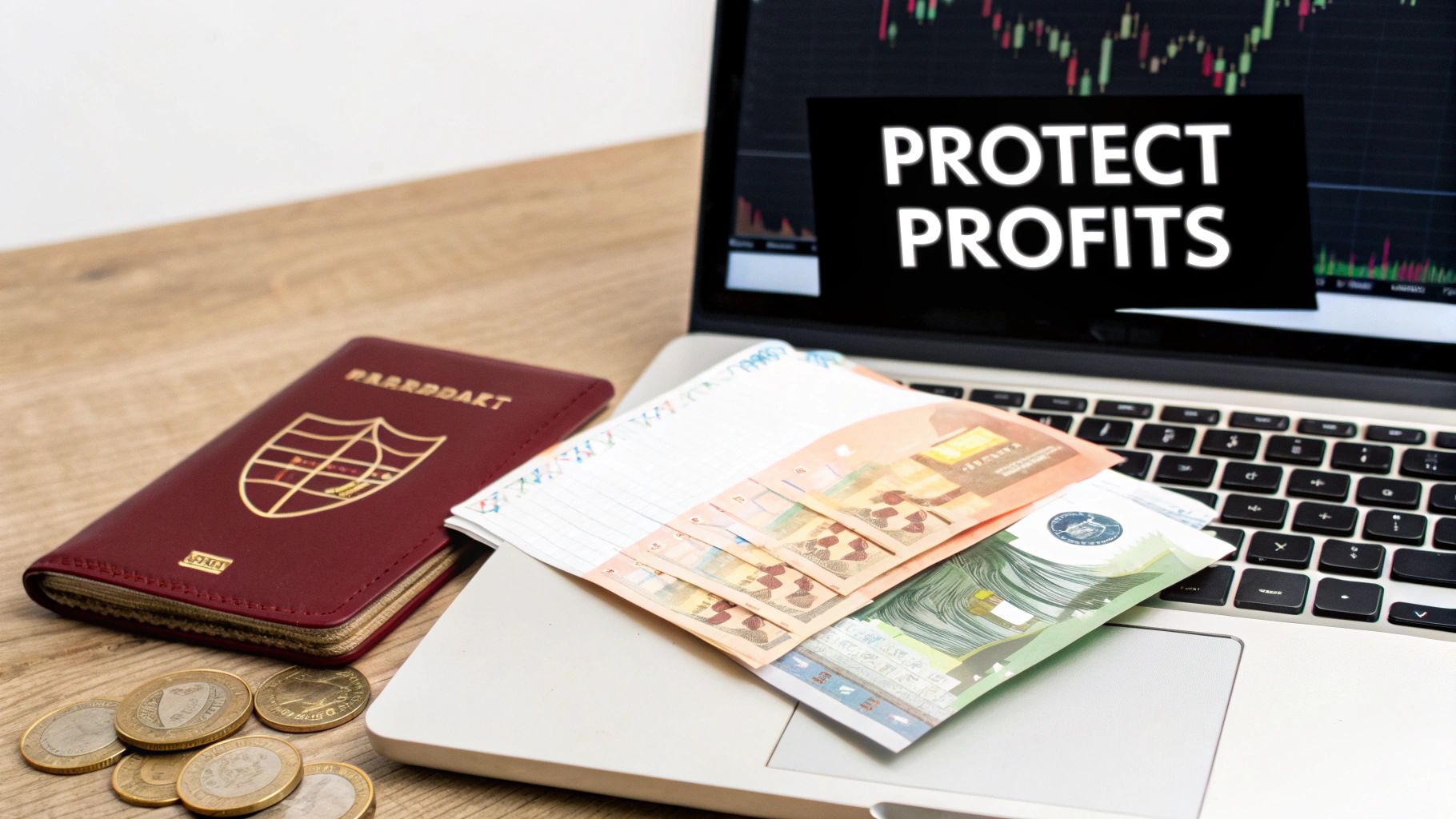 A laptop screen displays 'PROTECT PROFITS' with a passport, Euro cash, and coins on a wooden desk.