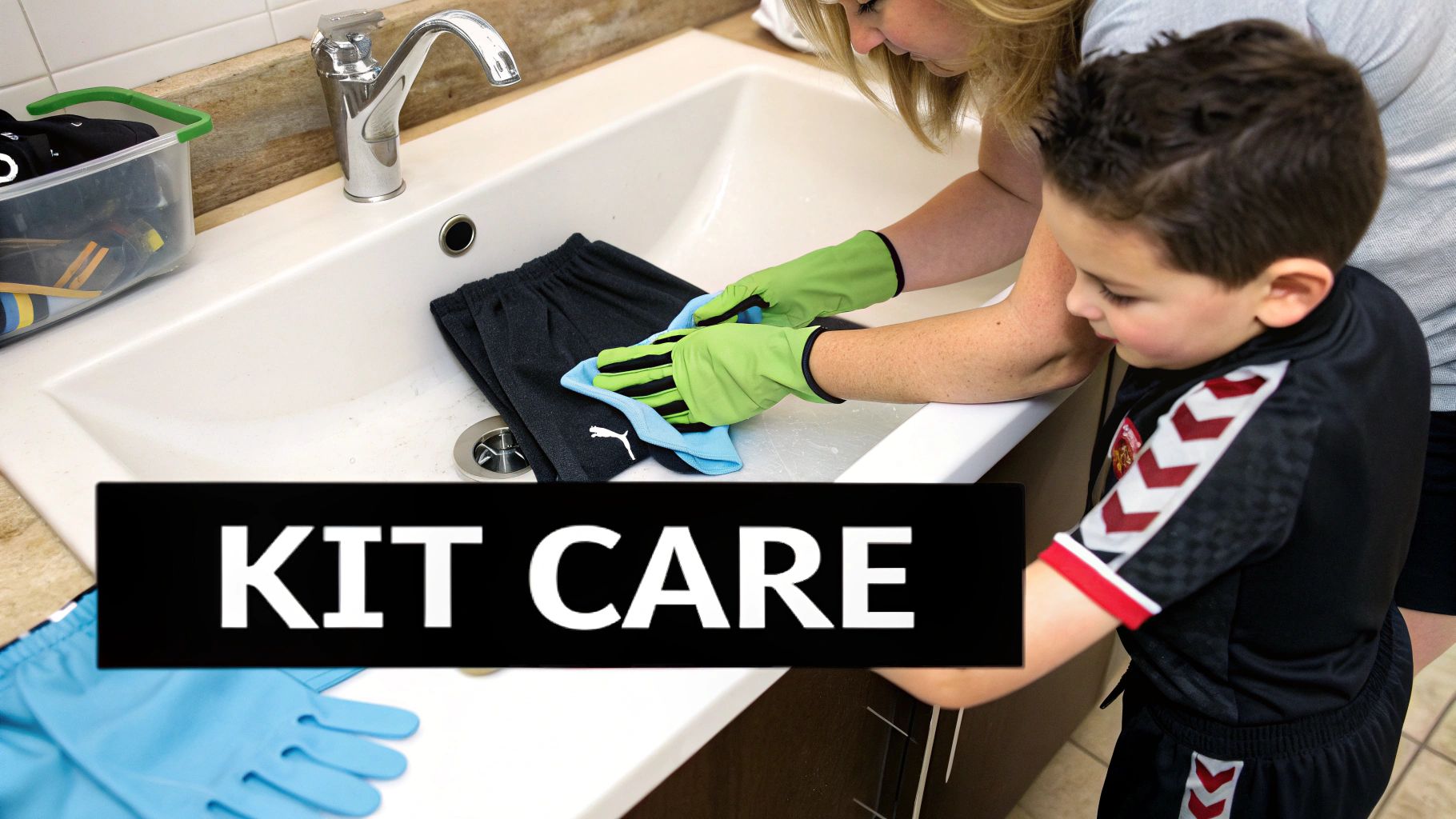 A woman in green gloves and a young boy are hand-washing a black sports short with a Puma logo in a sink.