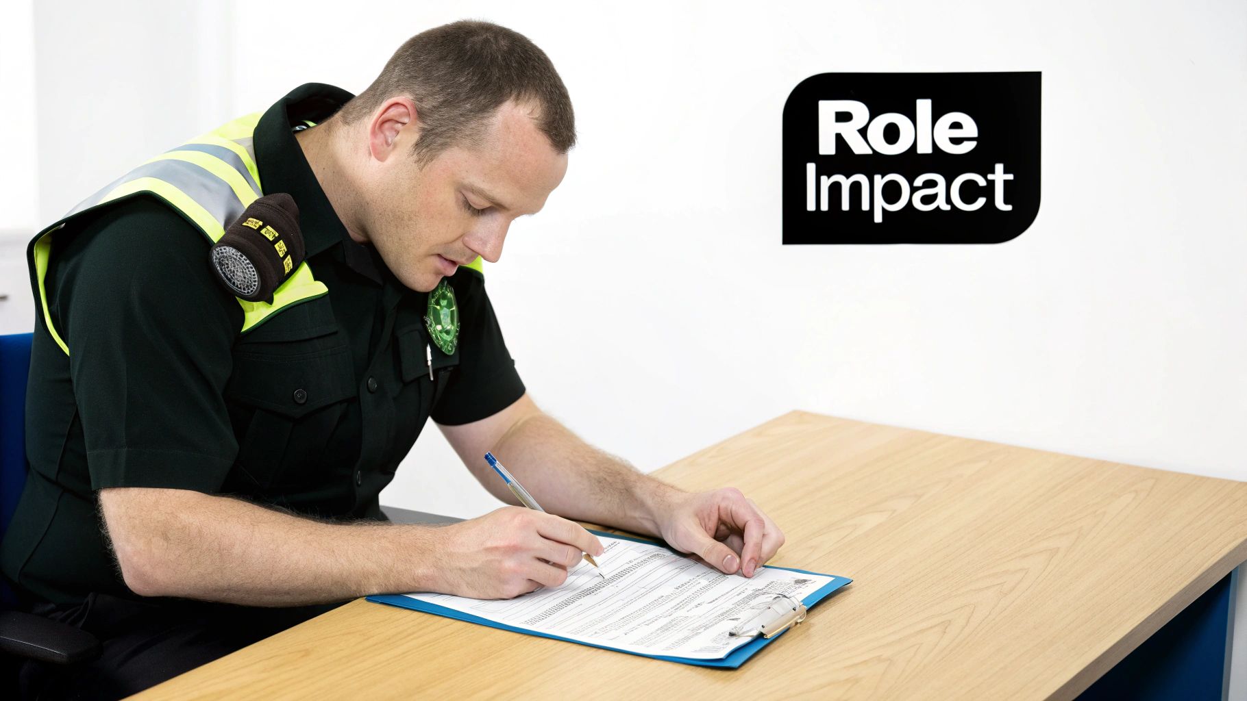 A paramedic carefully completing an application form.