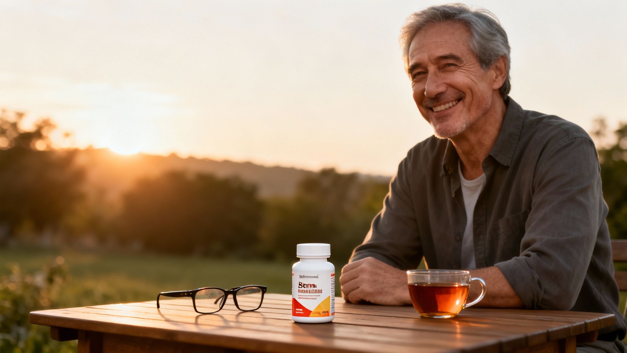 A happy senior man at sunset with a multivitamin bottle, glasses, and tea on a wooden table.