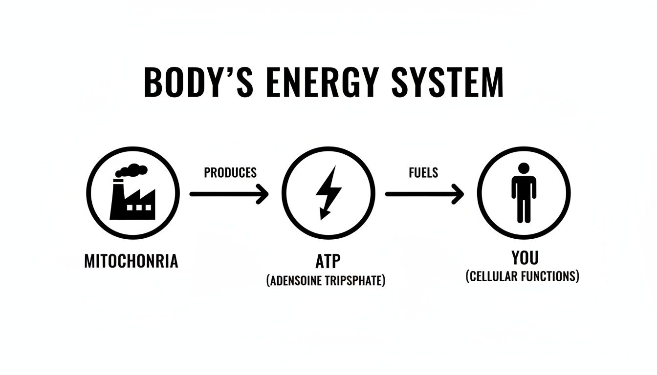 Diagram illustrating the body's energy system, showing mitochondria producing ATP which fuels cellular functions in humans.
