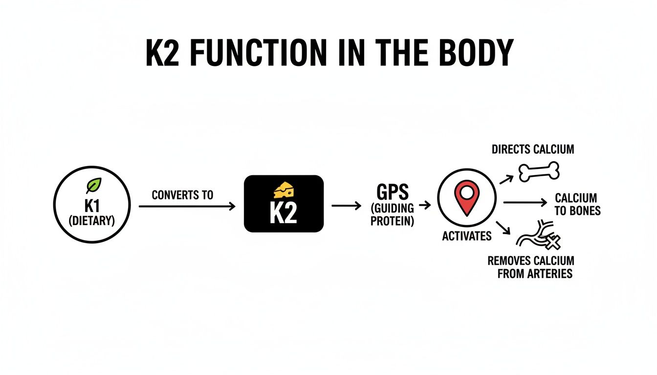 A diagram illustrating vitamin K2's function in the body: directing calcium to bones and removing it from arteries.
