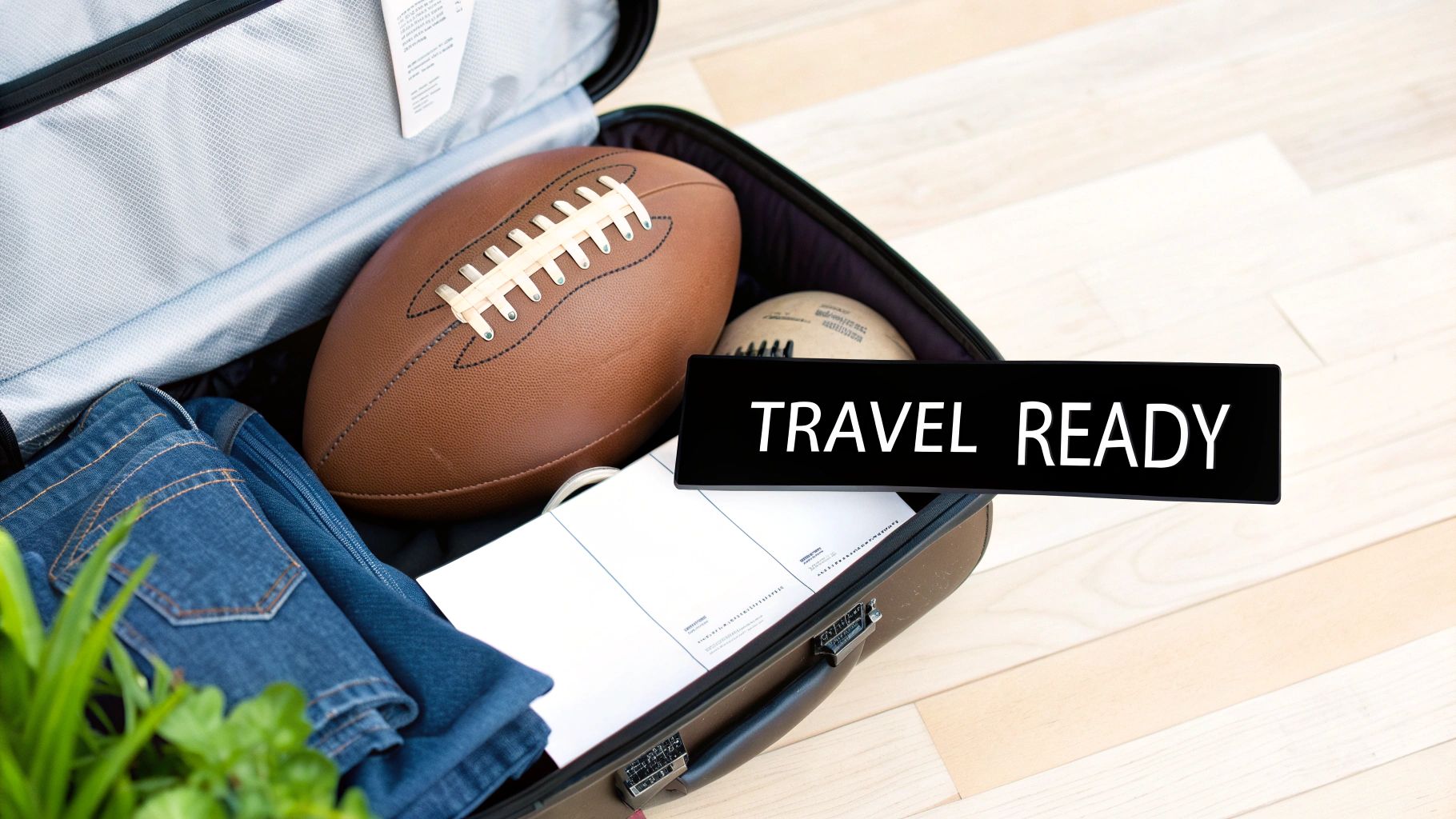 Open suitcase packed with football, jeans, and travel documents ready for sports trip