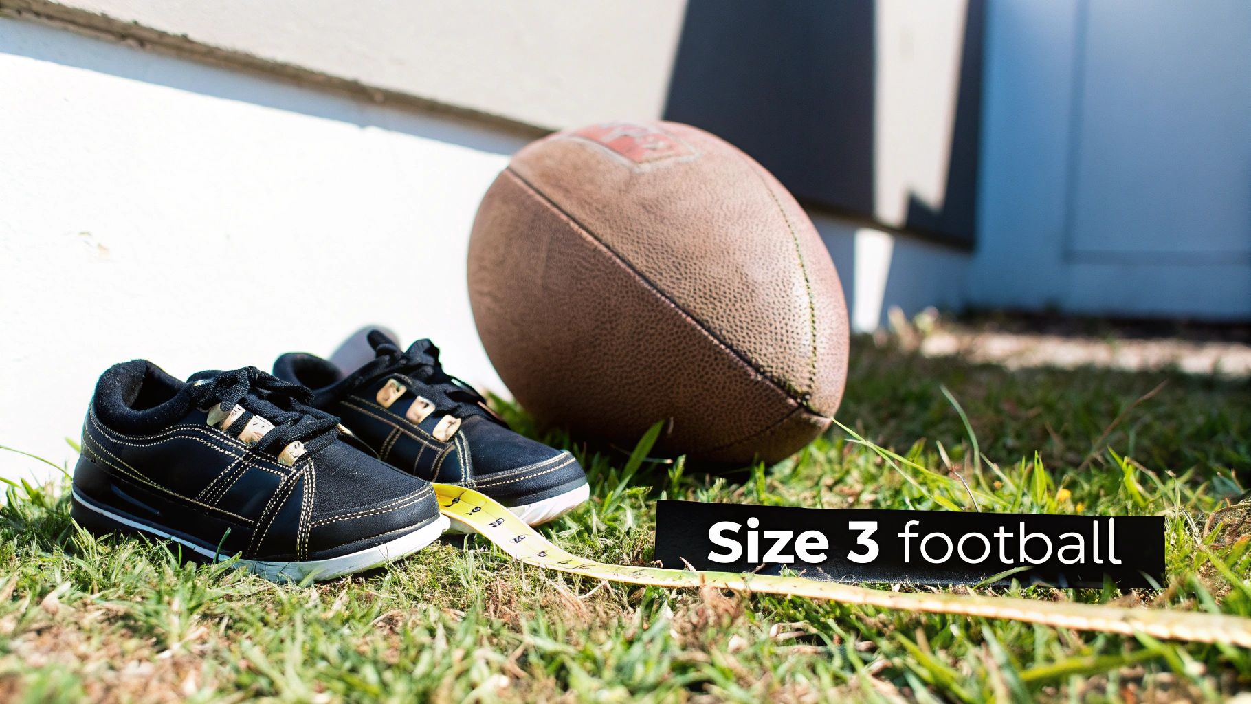 A size 3 football, two black shoes, and a measuring tape rest on green grass next to a white wall.