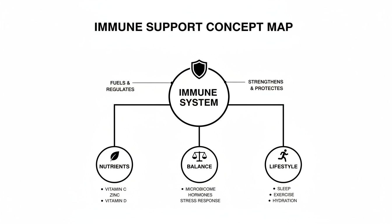 Immune support concept map detailing how nutrients, balance, and lifestyle factors contribute to a healthy immune system.