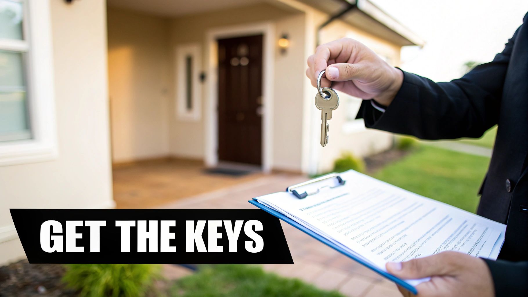 A person in a suit holds house keys and a clipboard with documents in front of a new home.