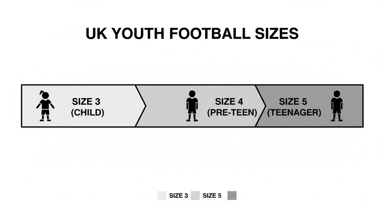 UK youth football sizes guide: Size 3 (child), Size 4 (pre-teen), and Size 5 (teenager).