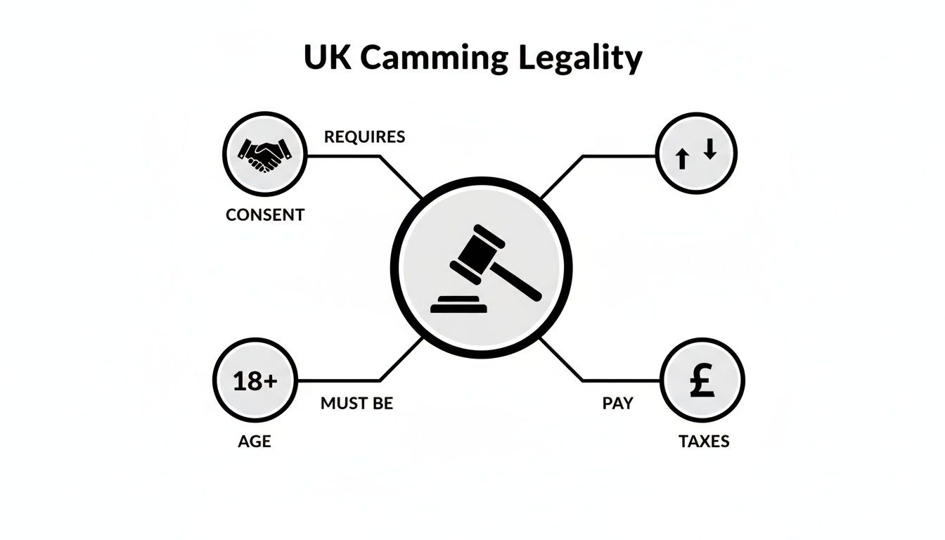 Infographic detailing UK camming legality, emphasizing consent, age restrictions, and tax obligations.