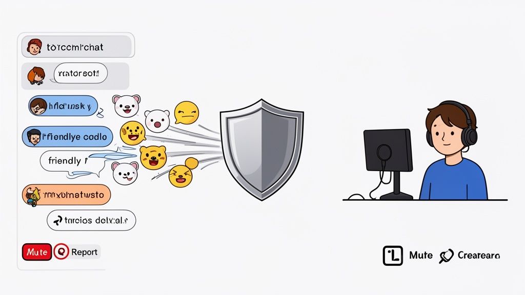 An illustration showing a shield protecting a person at a computer from offensive chat messages and emojis.