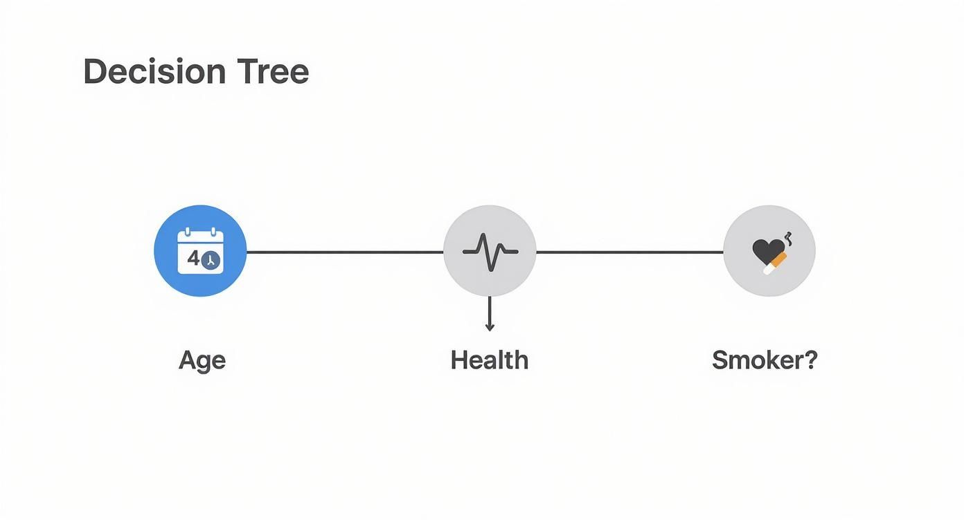Infographic decision tree showing how age, health, and smoking status influence critical illness cover premiums.