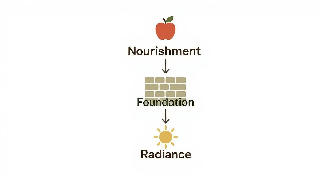 Wellness progression diagram showing nourishment leading to foundation then radiance with apple, bricks, and sun icons