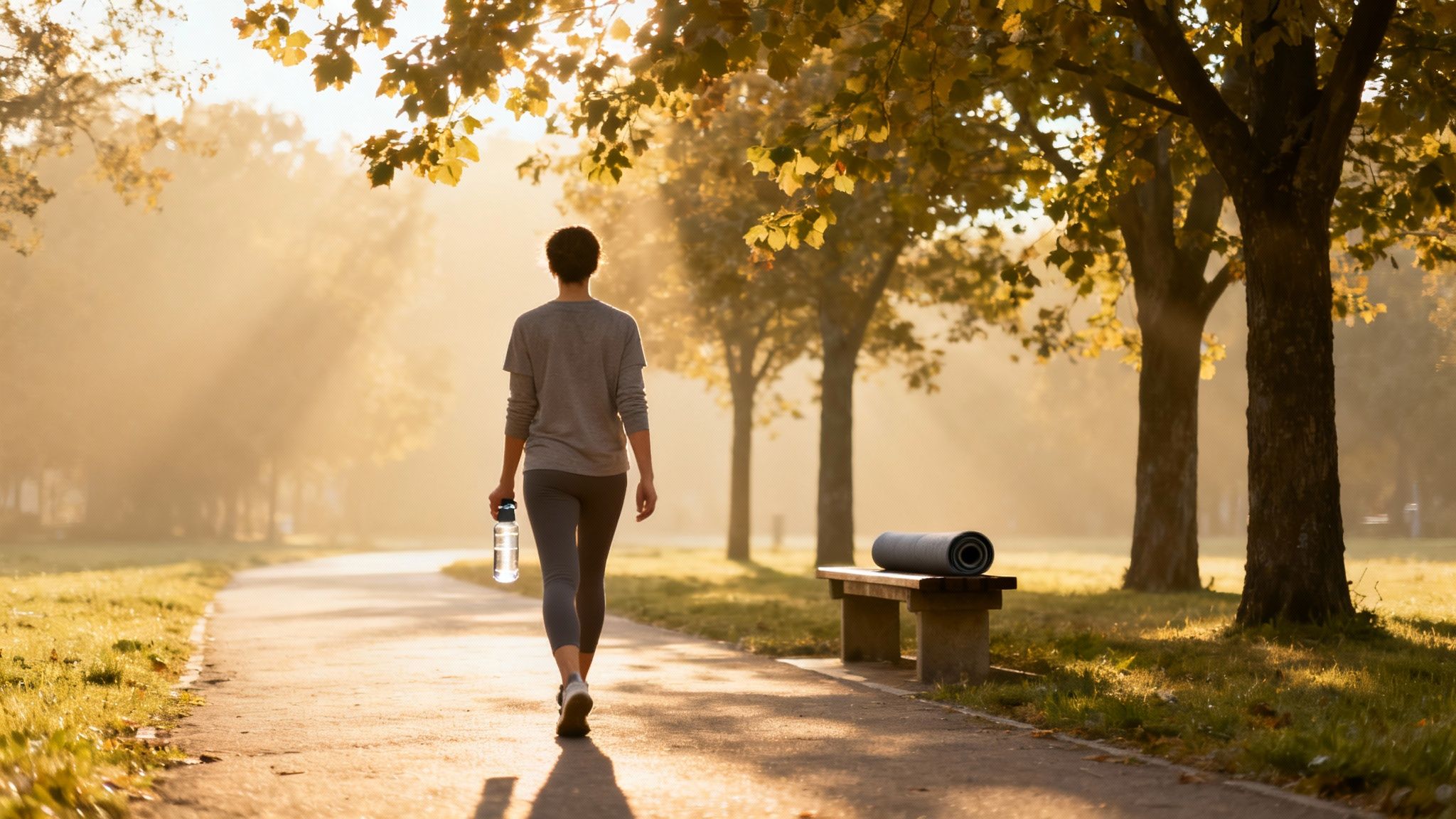 A person meditates in a calm, natural outdoor setting, symbolising stress reduction for hormonal health.
