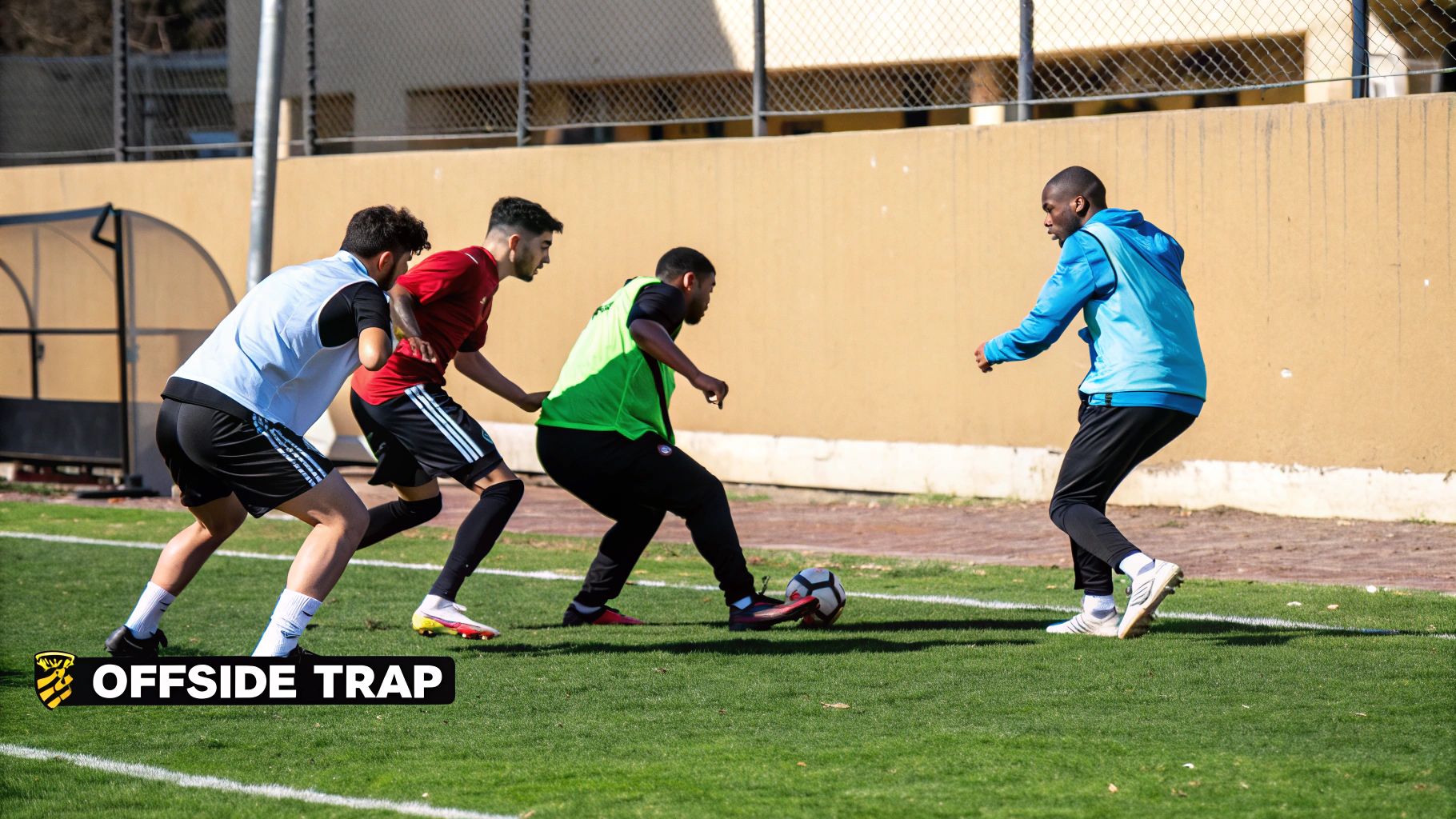 A diagram illustrating the setup and execution of the Offside Trap Drill
