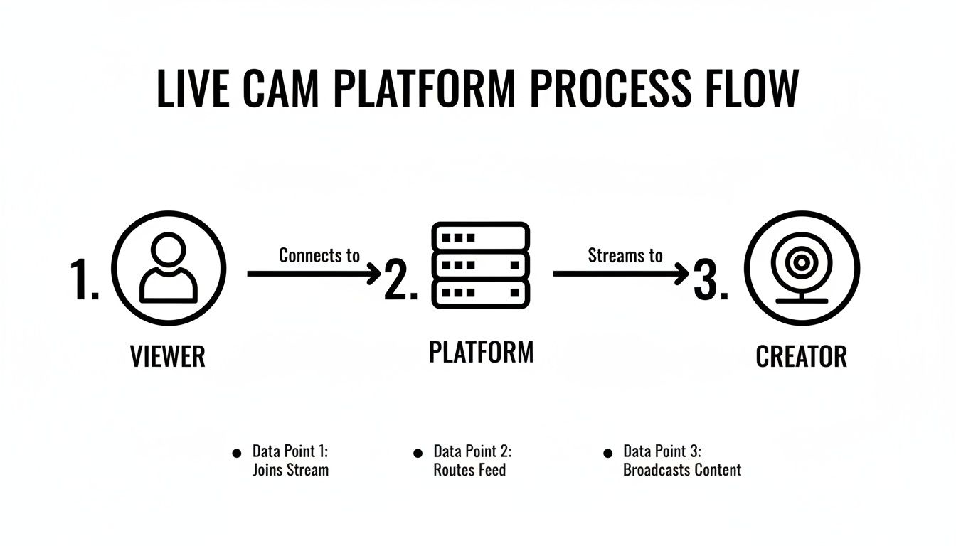 Diagram illustrating the live cam platform process flow: Viewer connects to Platform, which streams to Creator.