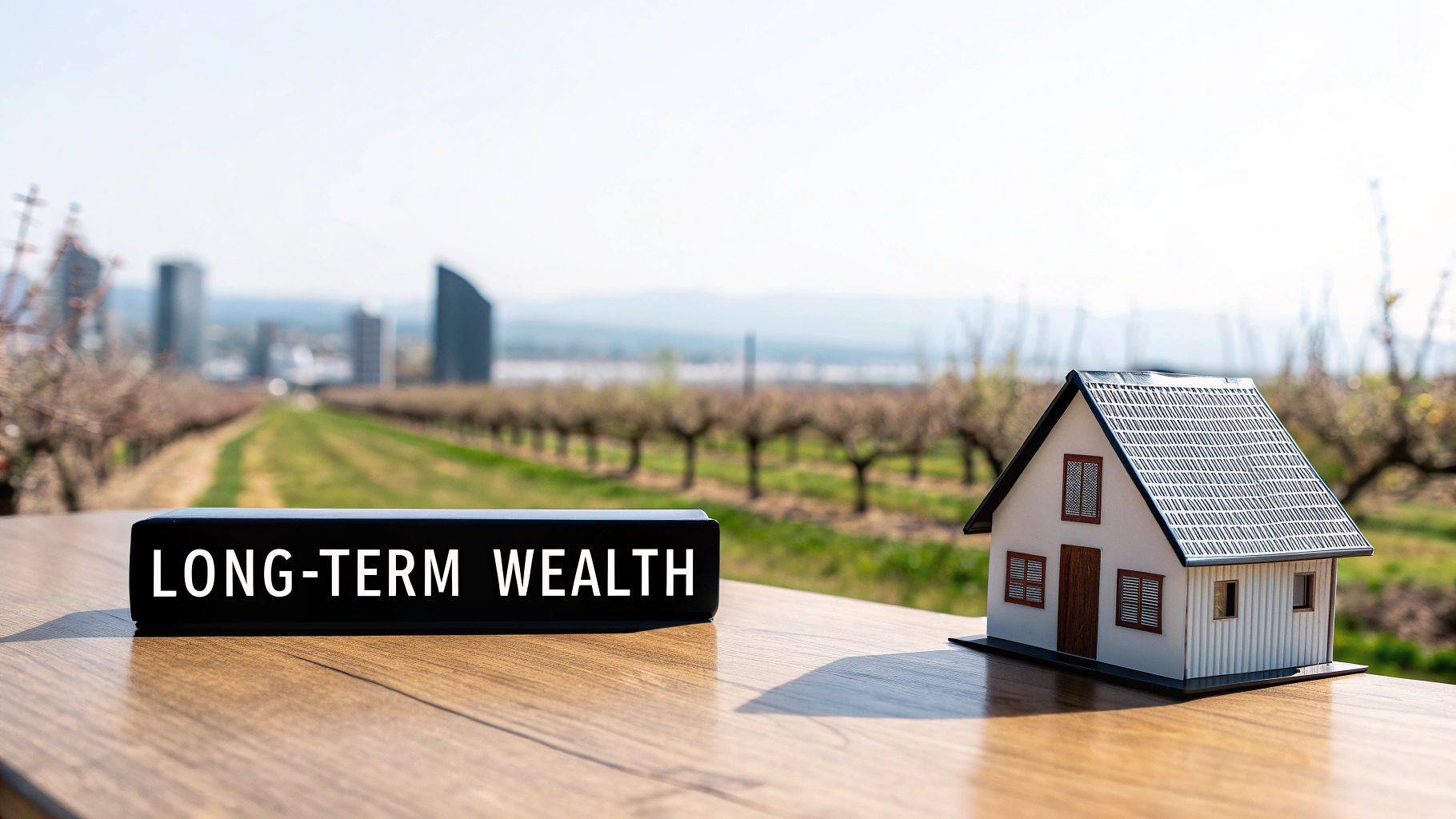 A miniature house and a 'LONG-TERM WEALTH' sign on a table, symbolizing property investment.