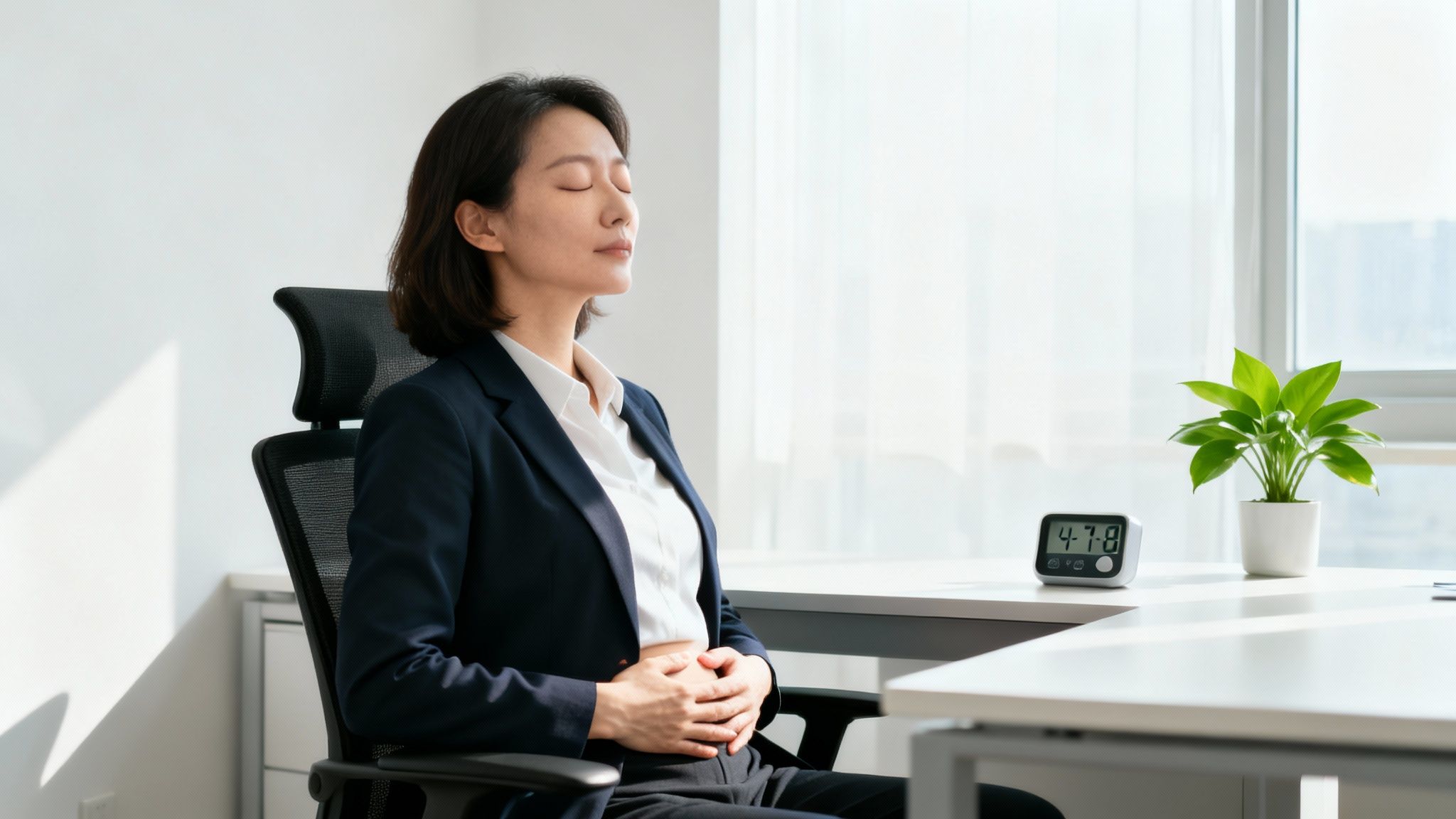 A woman in an office meditates with her eyes closed and hands on her stomach, practicing mindfulness.