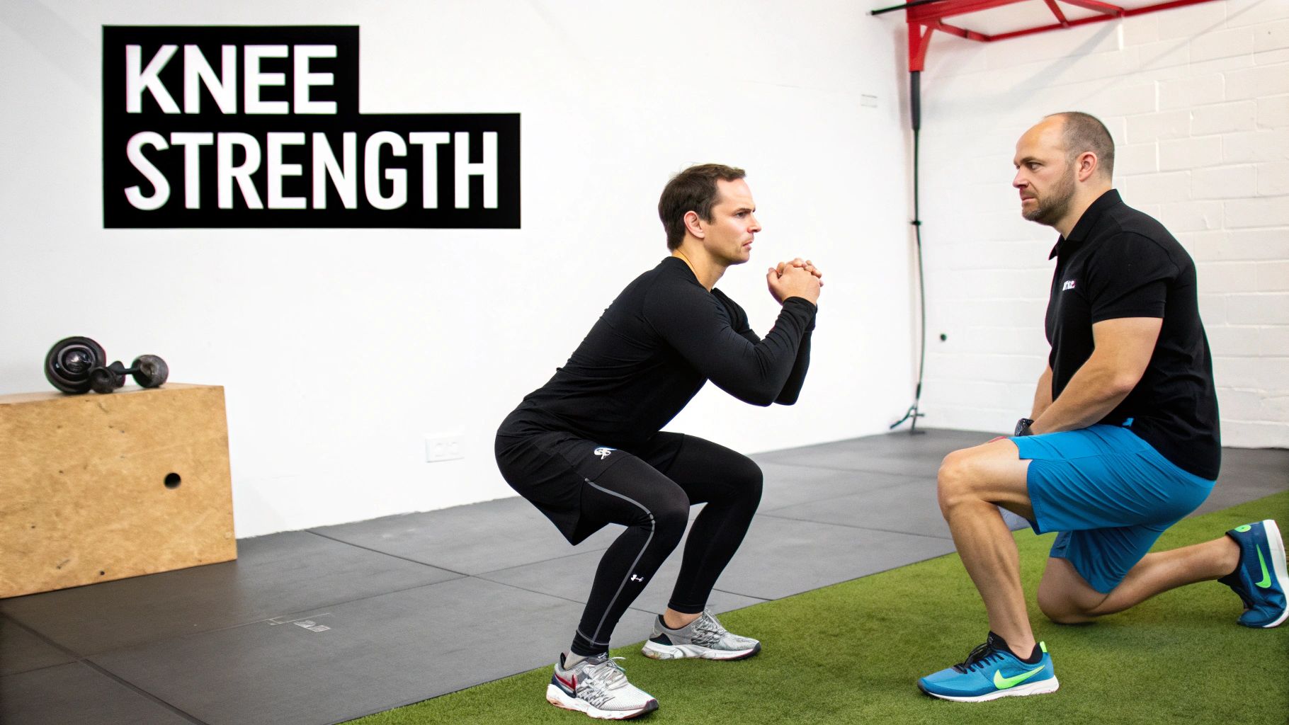 A focused male athlete performs a weighted squat in a gym setting, illustrating foundational strength training.