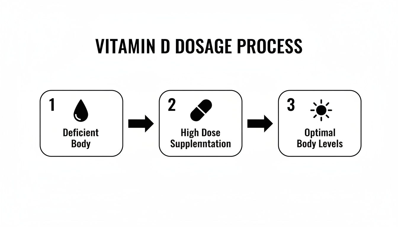 A three-step process showing Vitamin D dosage from deficient to optimal levels using high dose supplementation.