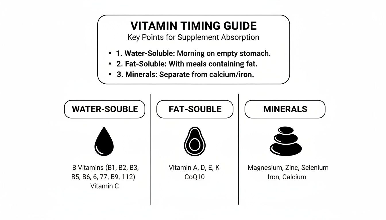 A vitamin timing guide showing when to take water-soluble, fat-soluble vitamins, and minerals for absorption.