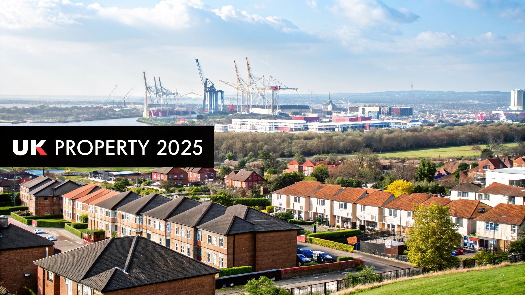 Aerial view of UK residential properties with an industrial port and city skyline in the background, banner reads 'UK PROPERTY 2025'.