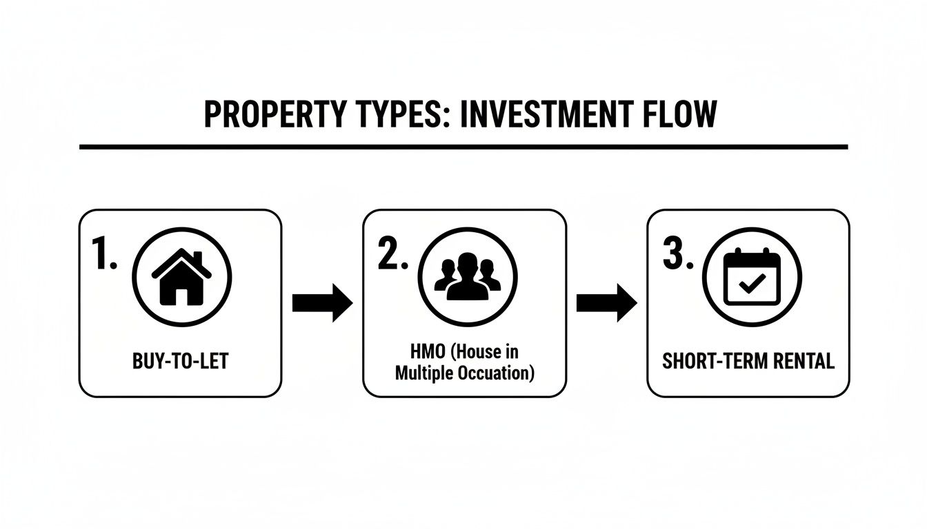Flowchart depicting three property investment types: Buy-to-Let, HMO, and Short-Term Rental.
