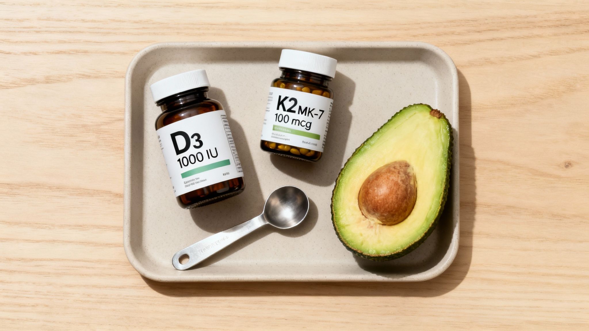 Vitamin D3 and K2 supplements, a ripe avocado, and a spoon on a light tray.