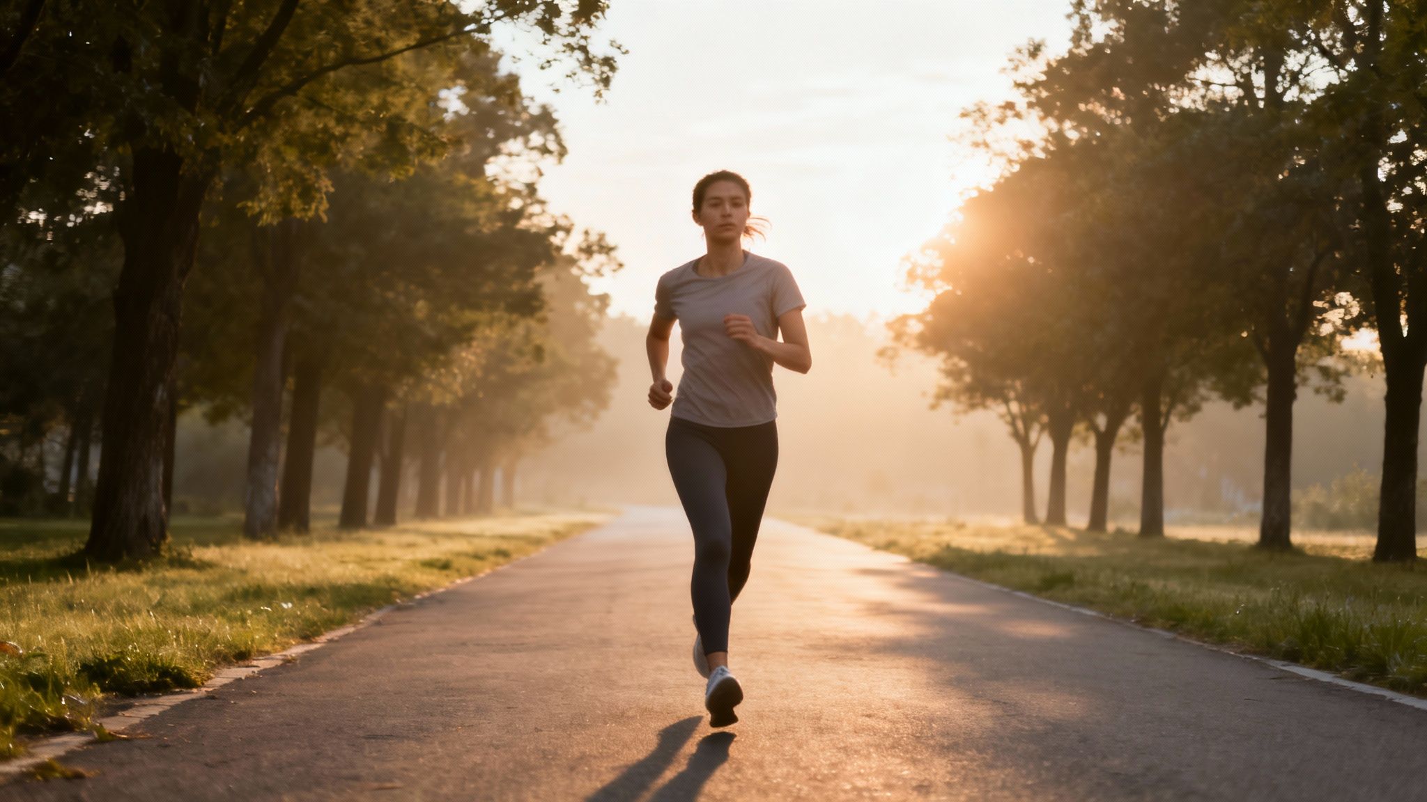 A woman jogging on a park path at sunrise with warm, golden light and trees.