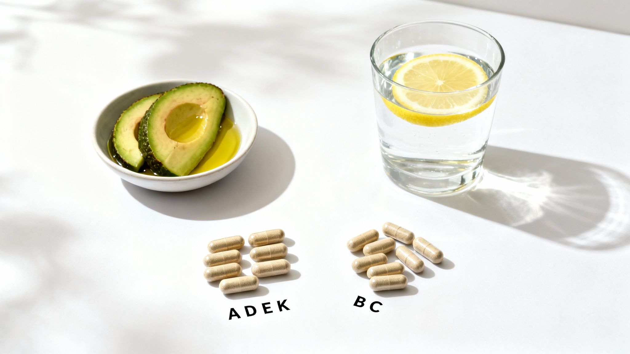 Avocado with olive oil, lemon water, and vitamin capsules (ADEK, BC) on a white surface.