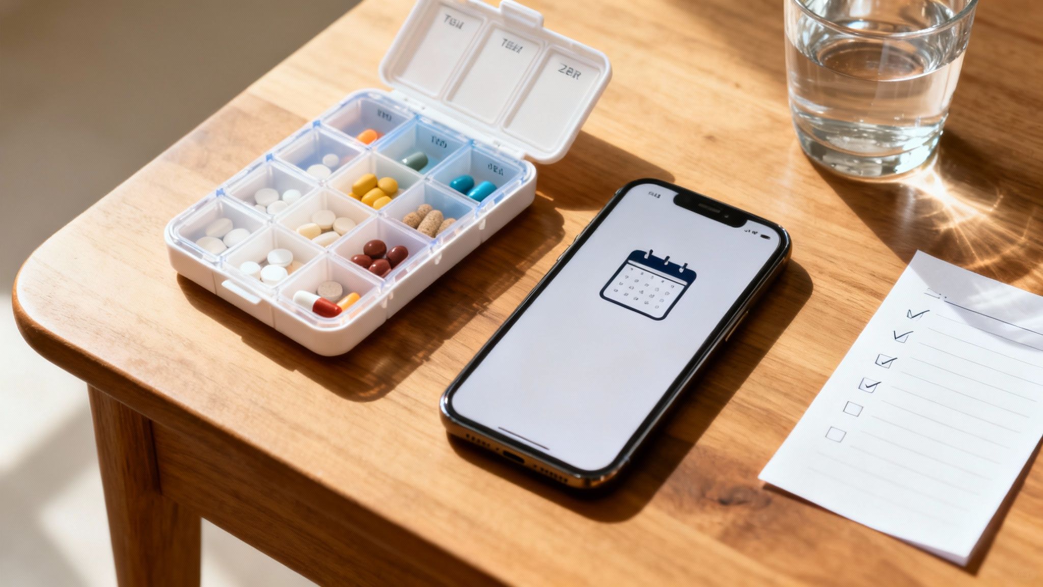 Daily pill organizer, smartphone with calendar app, glass of water, and checklist on a wooden table.